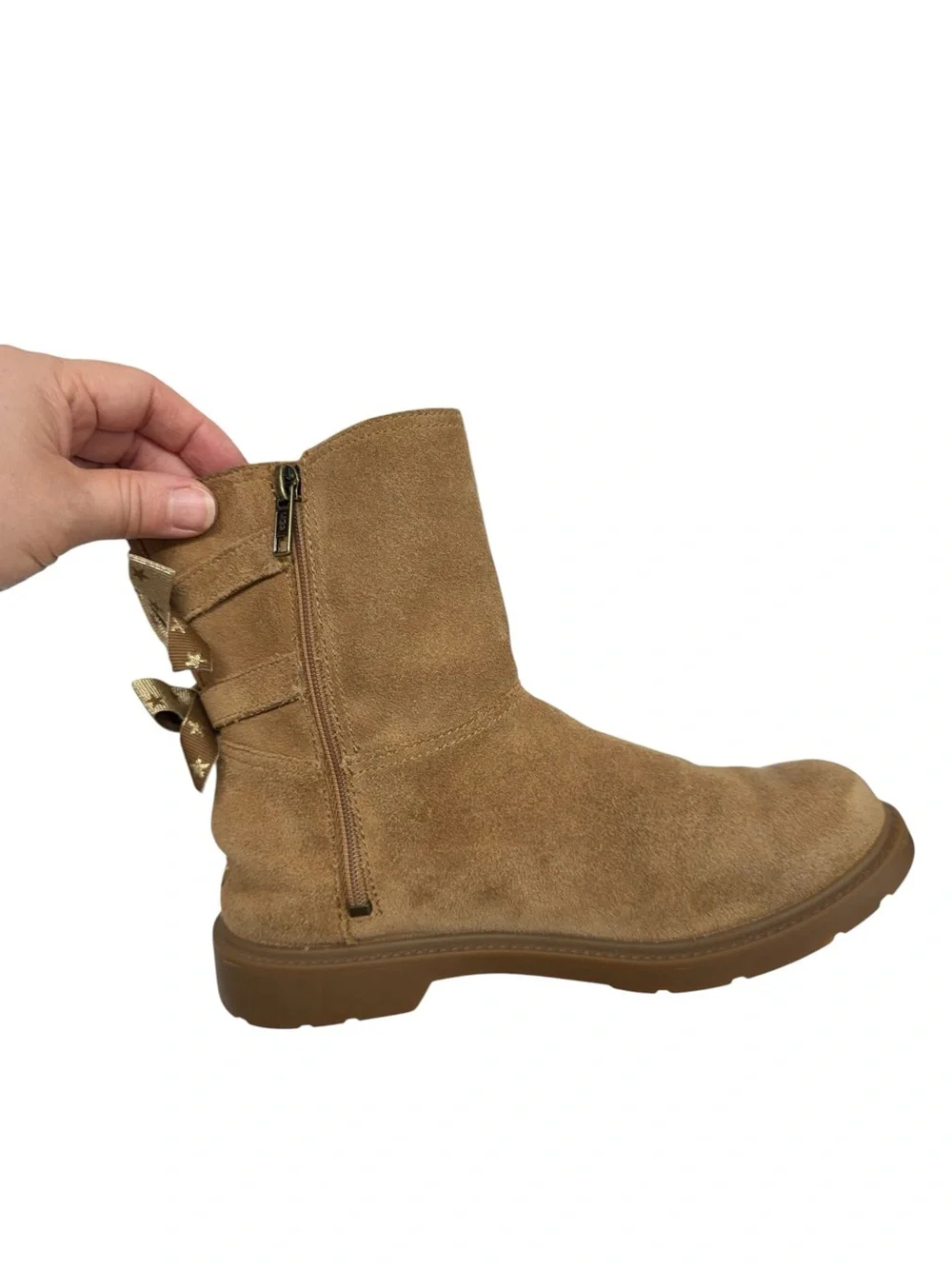 UGG Kids Tan Suede Zip-Up Ankle Boots with Star Bow Accents